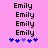 Pink background with repeated black text 'Emily' and blue/purple star-like symbols below.