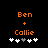 Two side-by-side pixelated displays of 'Ben + Callie' text above five heart icons with one grayed-out heart, differing in the position of the gray heart.