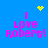Blue background with pink text reading "I Love Robert!" in four quadrants, each containing a yellow pixelated symbol above the text.