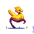 Pixelated yellow bird-like creature with blue eyes and brown legs in a walking animation sequence.