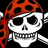 Pixelated skull with black eye sockets and teeth, wearing a red bandana with flame patterns against a solid black background.
