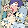 A cartoon character with purple hair and glasses holds a baby while standing next to a robot with a metallic helmet and large eyes.