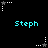 Pixelated cyan text 'Steph' appears in two on a black background, with white and gray star-shaped icons animating around the text