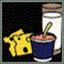 Six pixelated food-themed icons arranged in a , each with distinct items against black backgrounds