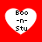 Four identical white heart-shaped icons on a solid red background, each containing black pixelated text reading "Boo -n- Stu" in three lines.