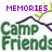 Pixelated graphic with purple 'MEMORIES' text above green 'Camp Friends' text, a dark curved line, and a yellowish object on a white background.