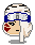 Pixel art character with white hair, blue headband, silver goggles, red cheek mark, and neutral expression on gray background.