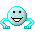 A 3x3 contact sheet of an animated pixel art character with a light blue body, black eyes, and white teeth smiling while changing arm poses across frames.