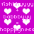 A static image with a bright purple background featuring repeated white heart shapes and pixelated text phrases in light pink.