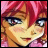 Pixelated anime-style character with red hair and blue eyes, next to stylized text on a black background.