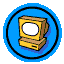 Four circular blue icons with black borders each contain a yellow computer monitor on a brown base, showing different screen colors across frames.