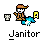 Pixel art character in brown outfit with orange cap, holding yellow A-shaped object and blue water-like effect; text "Janitor" below.