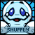 Pixelated character with light blue face, dark blue eyes, red mouth, and white gloves against blue background, labeled 'SNUFFLY' on gray banner