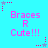 Pixelated text 'Braces R Cute!!!' in pink on cyan background with alternating star and dot patterns.