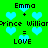 Green background with light blue hearts and repeated text showing Emma plus Prince William equals LOVE.