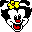 Pixel art of a character with black hair, yellow flower accessory, white face, red lips, and open mouth showing teeth on left; closed mouth on right.