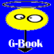 Animated contact sheet showing four frames of a yellow oval character with two eyes rotating around black arrows and rings on blue background, with "G-Book" text in center frame.