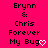 Pixelated text on bright pink background with two identical static frames showing 'Erynn & Chris Forever My Bug' and a white heart symbol.