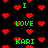 Pixelated green text 'I LOVE KARI' repeats across a black background filled with red heart symbols, with no visible motion.