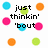 Pixelated icon with scattered colored circles and text fragments reading 'just thinkin' 'bout', 'you and your', 'eyes' on white background.