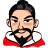 Pixelated digital portrait of a person with dark hair styled upward, light skin tone, and facial hair including mustache and beard, wearing red and white clothing against plain background.
