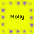 Yellow background with purple starburst patterns and four instances of the text "Molly" in black pixelated font arranged in a