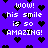 Pixelated purple background with scattered black hearts and repeated white text reading 'WOW! his smile is so AMAZING!' in a blocky font.