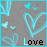 A static pixel art icon with a gray background, blue and cyan decorative elements, and the word 'Love' in black text at bottom right.