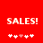 Red background with white pixelated 'SALES!' text and five heart symbols below, where the third heart is pink in one view and white in another.