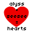 Four identical pixelated red heart icons with black text above and below, each displaying 'alyss + seese = hearts' on a white background.