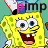 Yellow sponge character with green spots, white shirt, blue pants, and a red tie, smiling widely with open mouth showing teeth, positioned in a with repeated text above and below