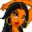 Pixelated cartoon woman with orange skin and black hair in a raised arm pose, wearing hoop earrings and a black outfit with red accents.