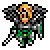 Pixel art character with orange face, blonde hair, gray armor, green accents, and checkered cape in two poses.