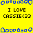 Yellow background with blue pixelated shapes and black text reading "I LOVE CASSIE<33" repeated across the image.