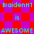 Pixelated text and patterned background in cyan, red, and purple hues with repeated phrases.