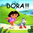 Pixelated image of a cartoon character with brown hair in a pink shirt and orange shorts standing on a path with green grass and blue sky background, text above reads 'DORA!!!'