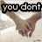six pixelated images with text overlays forming a phrase, showing hands holding, hearts, and stick figures