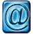 Blue square icon with rounded corners featuring a stylized @ symbol in the center, surrounded by concentric circular rings.