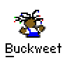 Pixel art buddy icon featuring a cartoon character with dreadlocks and colorful highlights, displayed in two static frames on a gray background with text elements.