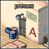 Pixel art scene showing isometric view of industrial area with barrels, gate, and building wall featuring 'A' symbol and green patterned sign.