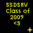 Yellow pixelated text on black background with animated star and dot effects, displaying 'SSDSRV Class of 2009 <3' repeated