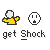 Animated pixel art sequence showing a character in yellow shirt and white hair delivering a slap to a neutral face, with text 'get Shock' below, transitioning through color variations and static frames.