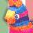 A colorful piñata with blue, orange, yellow, and pink stripes rotates against a striped background of green, white, and red.