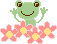 A pixel art animation of a green frog waving above pink flowers with yellow centers, displayed as two sequential frames in a contact sheet.