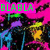 Pixelated image with neon green text "BLABLA" on pink rectangles over abstract colorful backgrounds.