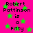 Bright pink background with green stars and repeated black text reading "Robert Pattinson is a Fitty" in pixelated font.