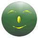 Two green spherical icons with yellow facial features; left icon has curved smile, right icon has V-shaped mouth.