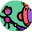 Animated sequence of two cartoon figures with purple bodies and orange hats interacting against a teal background.