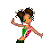 Animated contact sheet of a pixel art icon featuring a dancing character and green boots with repeated text elements in various states.