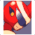 Pixel art animation of a red robotic character with blue visor and white accents performing head movements across eight frames in a contact sheet layout.